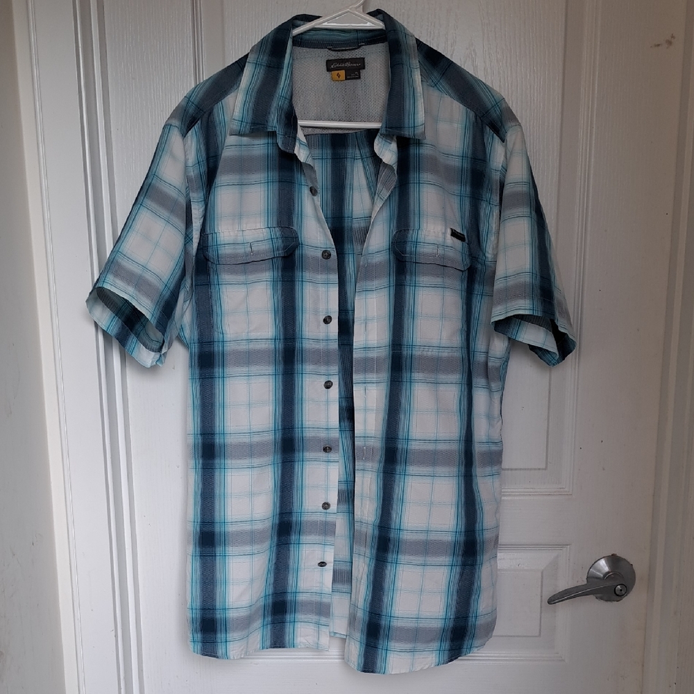 Eddie Bauer Men's Blue and White Plaid Button-Down Shirt